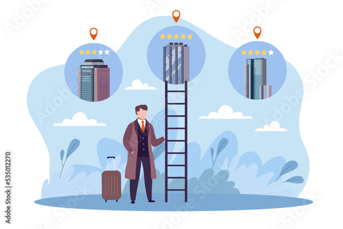 Selection, hotel booking, web platform for business people. Real estate application. hostel and apartments rating, tourist service. Reservation app. Man with luggage. Vector cartoon concept