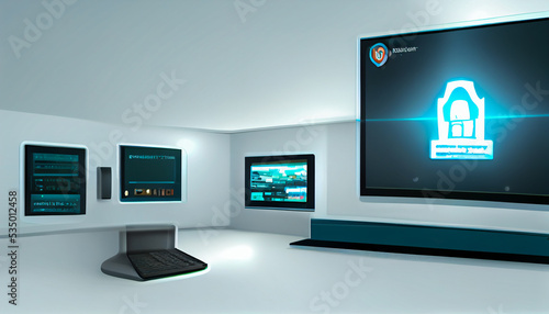 Endpoint Security Platform,- Endpoint Protection Concept ,- 3D Illustration and rendering, concept on virtual screen, icons security, computer, web 3, loge security, nft, virtual screen