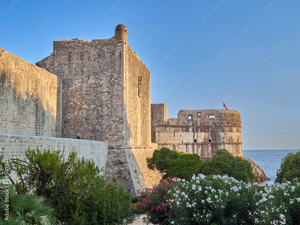 View of Puncjela tower and Fort Bokar. City wall of Dubrovnik in the Adriatic sea. Croatia, Europe