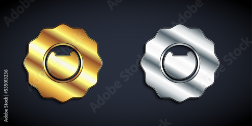 Gold and silver Bottle opener icon isolated on black background. Long shadow style. Vector