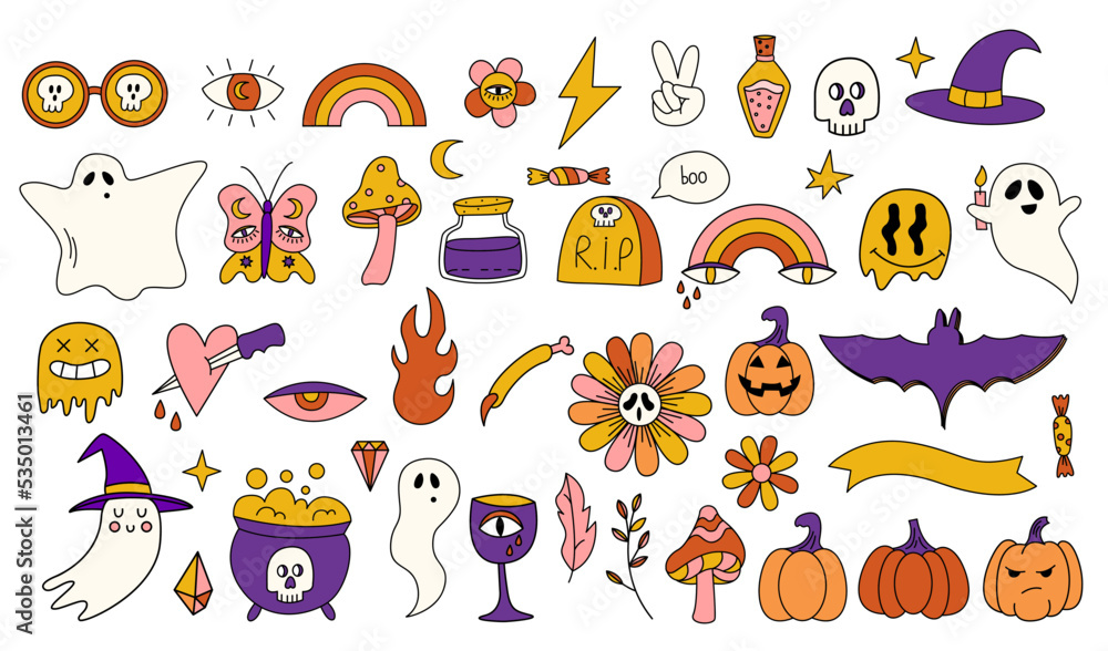 Retro 70s Halloween big set of elements. Doodle psychedelic halloween illustrations. Vector holiday elements. Ghost, pumpkins, smiles, witch hat, bat, candy Retro 70s Halloween big set of elements. Doodle psychedelic halloween illustrations. Vector holiday elements. Ghost, pumpkins, smiles, witch hat, bat, candy