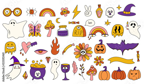 Retro 70s Halloween big set of elements. Doodle psychedelic halloween illustrations. Vector holiday elements. Ghost, pumpkins, smiles, witch hat, bat, candy