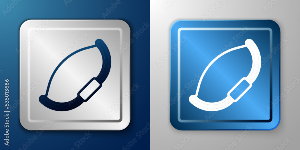 White Medieval bow icon isolated on blue and grey background. Medieval weapon. Silver and blue square button. Vector White Medieval bow icon isolated on blue and grey background. Medieval weapon. Silver and blue square button. Vector