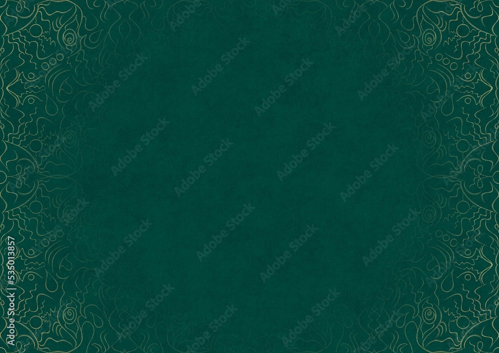 Dark cold green textured paper with vignette of golden hand-drawn pattern. Copy space. Digital artwork, A4. (pattern: p07-1b)