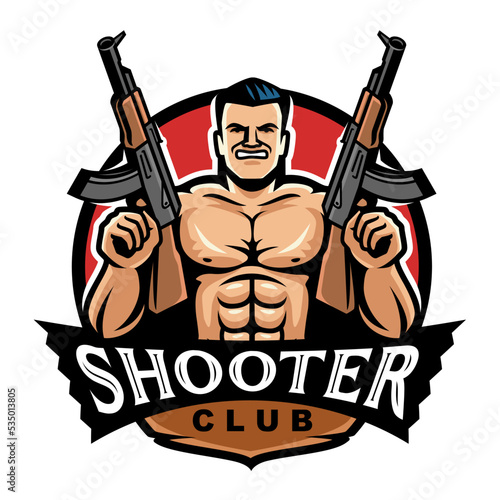Shooter club emblem. Muscular man with machine guns. Cartoon vector illustration