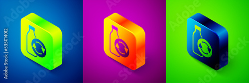 Isometric Recycling plastic bottle icon isolated on blue, purple and green background. Square button. Vector