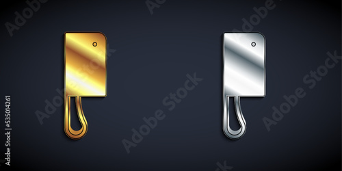 Gold and silver Meat chopper icon isolated on black background. Kitchen knife for meat. Butcher knife. Long shadow style. Vector
