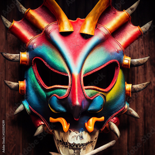 Akuma (devil) samurai mask. Multi color. Bushido Art. Full shot. Leather, metal and bone. Isolated. photo