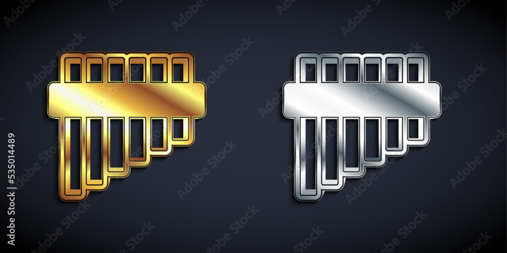 Gold and silver Pan flute icon isolated on black background. Traditional peruvian musical instrument. Folk instrument from Peru, Bolivia and Mexico. Long shadow style. Vector Gold and silver Pan flute icon isolated on black background. Traditional peruvian musical instrument. Folk instrument from Peru, Bolivia and Mexico. Long shadow style. Vector