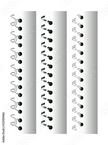 Notebook spirals, wire steel ring bindings and springs for diary. Spiral binder or ringed for paper calendar. Page dividers or metal stitch