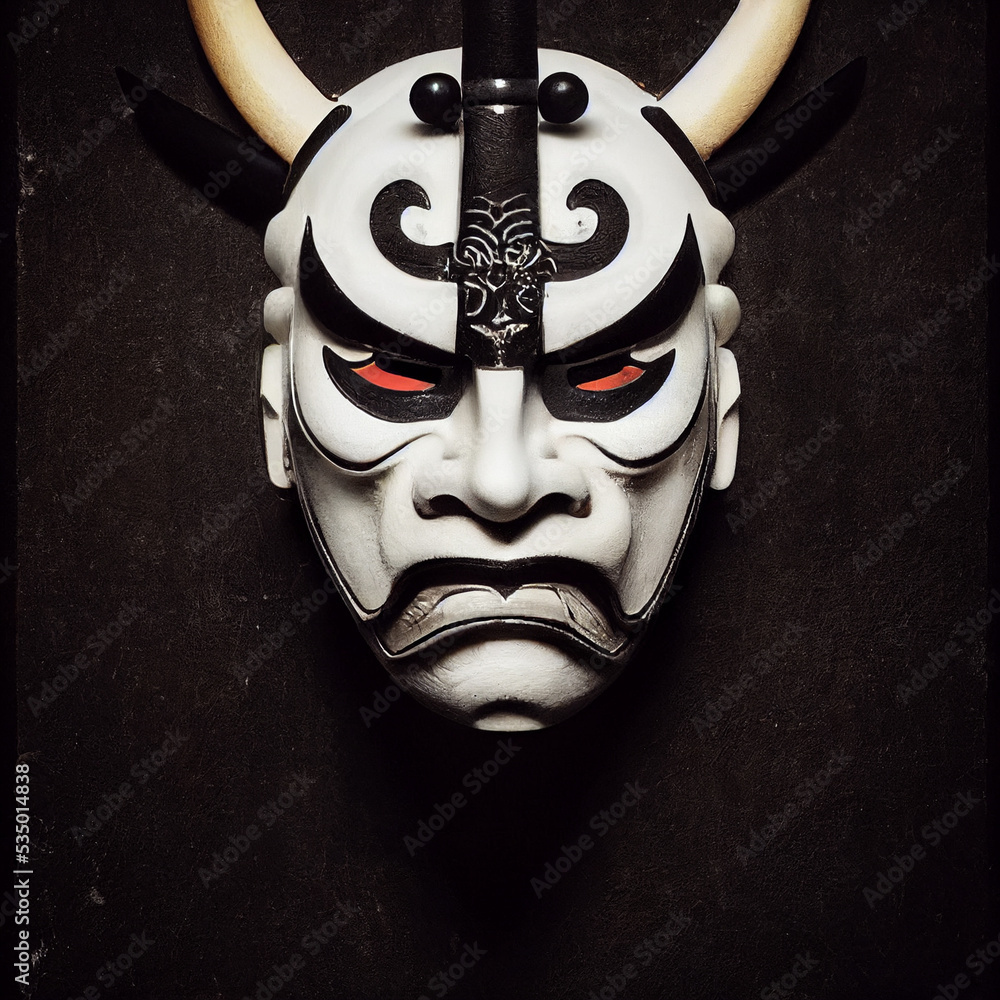 Oni Samurai Mask. Japanese Bushido Art. Black on White. Oni are yōkai