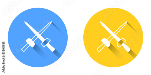 White Fencing icon isolated with long shadow background. Sport equipment. Circle button. Vector