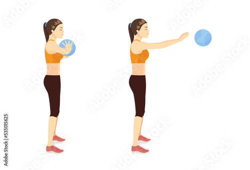 Women doing Medicine Ball Chest Pass exercise by throwing the ball straight and forward against the wall and Catching the ball as it bounces back.