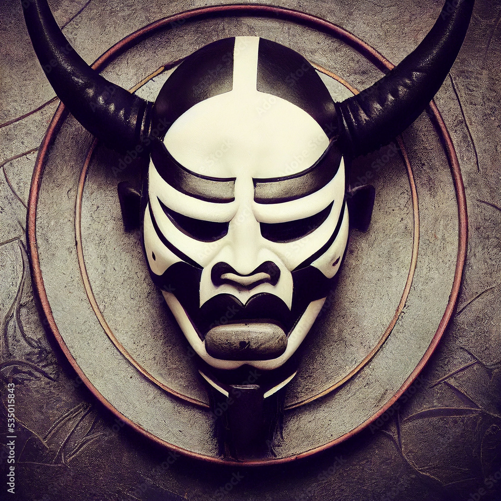 Oni Samurai Mask. Japanese Bushido Art. Black on White. Oni are yōkai