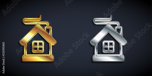 Gold and silver Merry Christmas house icon isolated on black background. Home symbol. Long shadow style. Vector