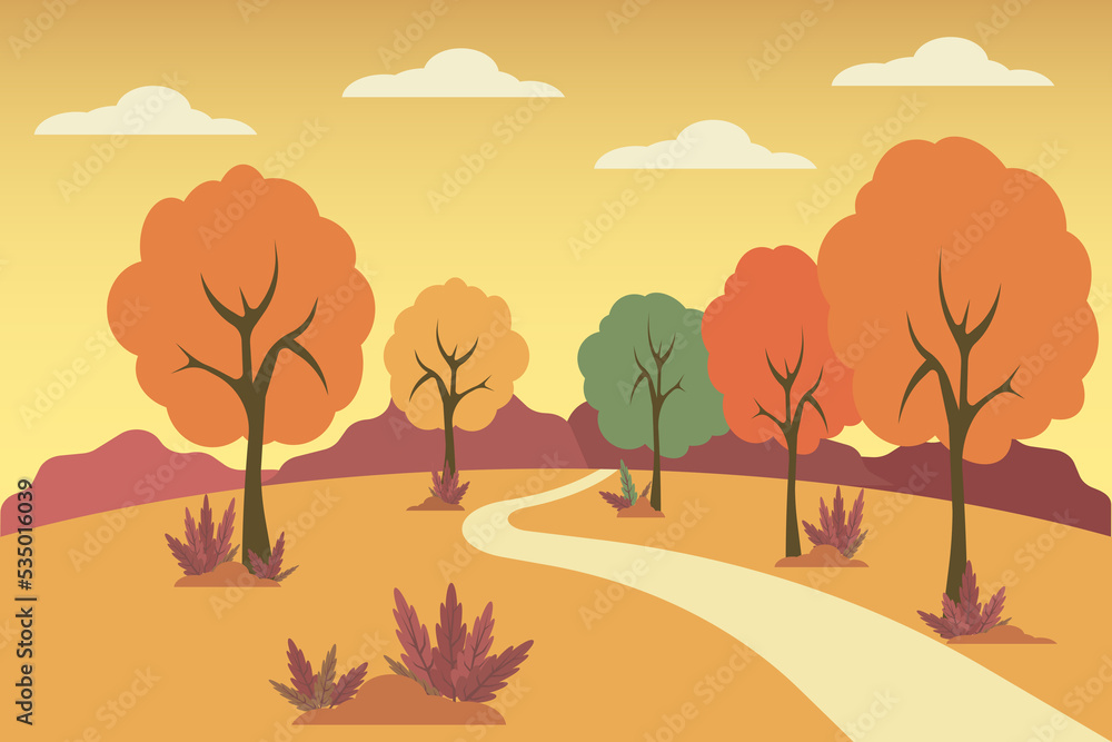 jpg illustration of panoramic view of autumn in the park  Flat Autumn landscape. jpeg countryside illustratiom with woods, herbs and road

