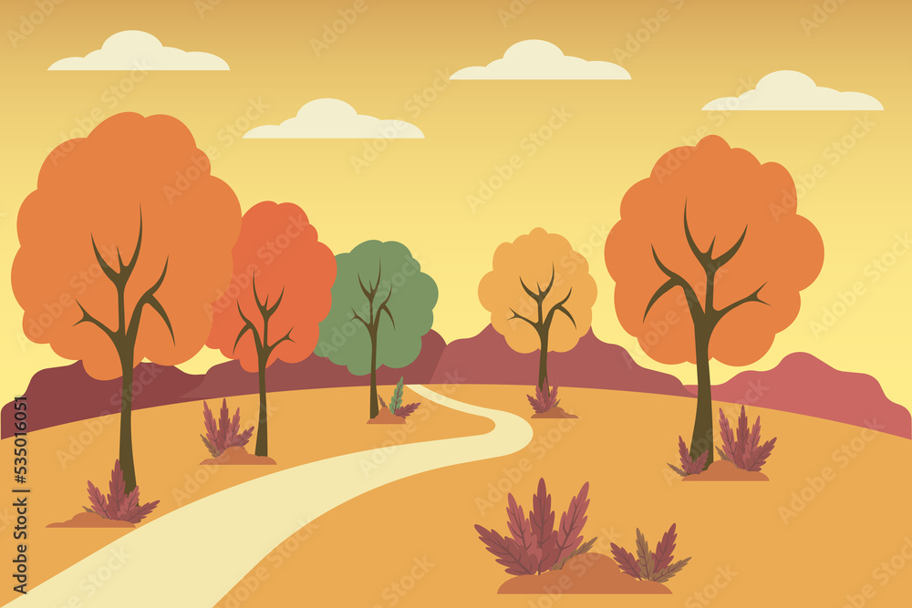 jpg illustration of panoramic view of autumn in the park  Flat Autumn landscape. jpeg countryside illustratiom with woods, herbs and road

