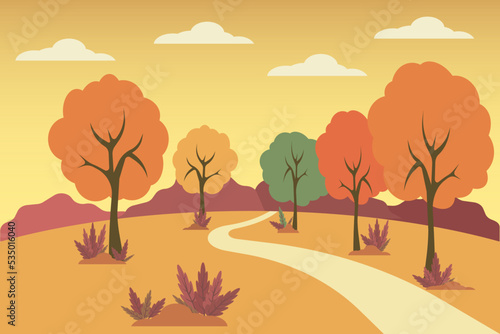 Vector illustration of panoramic view of autumn in the park Flat Autumn landscape. Vector countryside illustratiom with woods, herbs and road