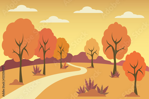 jpg illustration of panoramic view of autumn in the park  Flat Autumn landscape. jpeg countryside illustratiom with woods, herbs and road

 photo