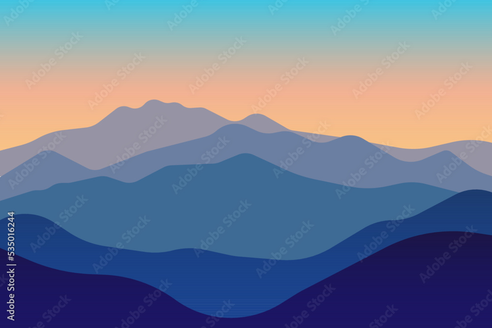 vector illustration of mountain landscape before sunrise with gradient color. View of a mountains range. Landscape during sunset at the summer time. Foggy hills in the mountains ragion.
