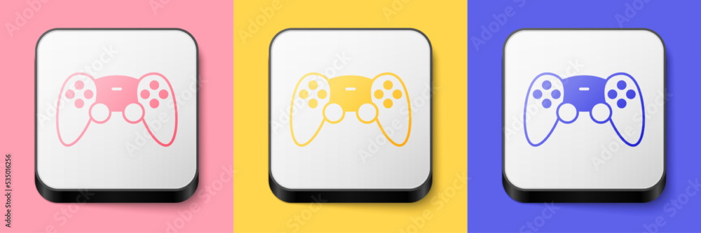 Isometric Game controller or joystick for game console icon isolated on pink, yellow and blue background. Square button. Vector Isometric Game controller or joystick for game console icon isolated on pink, yellow and blue background. Square button. Vector