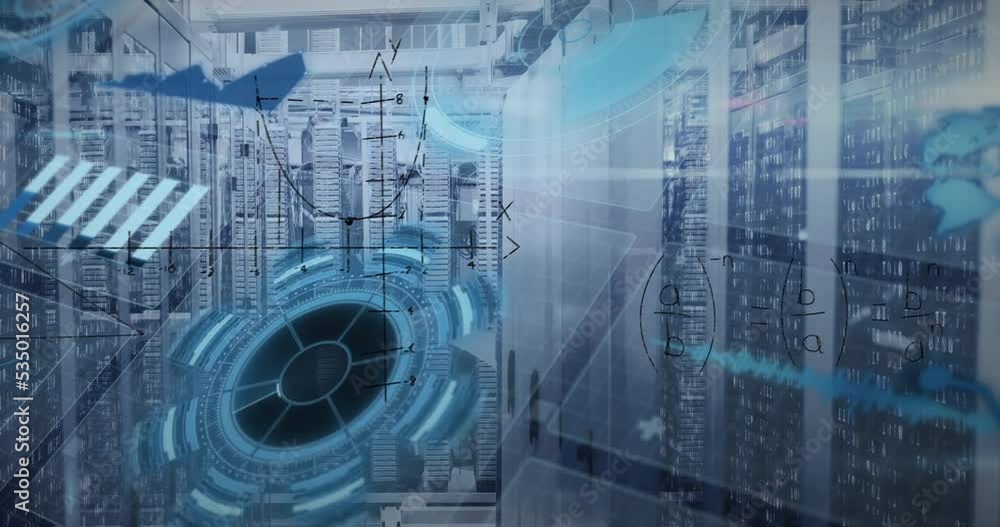 Animation of data processing, math formulas and processing circle over servers Animation of data processing, math formulas and processing circle over servers