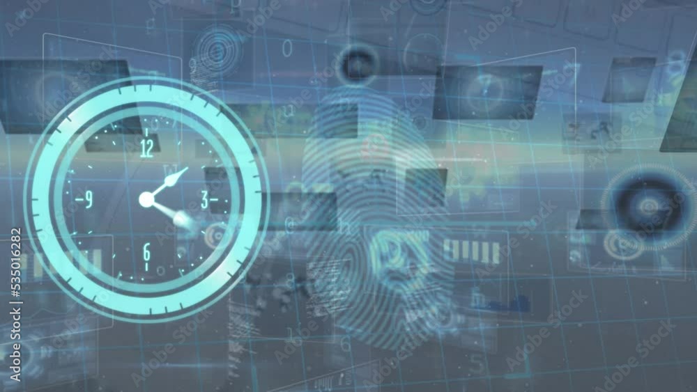Animation of neon ticking clock and cyber security data processing against grey background Animation of neon ticking clock and cyber security data processing against grey background