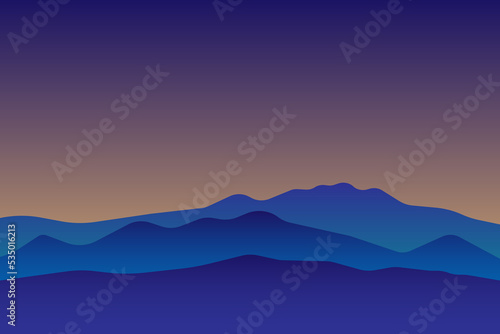 jpeg illustration jpg of beautiful scenery mountains in dark blue gradient color. View of a mountains range. Landscape during sunset at the summer time. Foggy hills in the mountains ragion. 