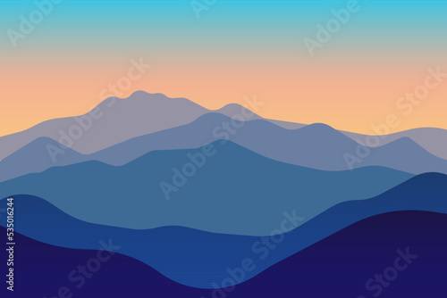 vector illustration of mountain landscape before sunrise with gradient color. View of a mountains range. Landscape during sunset at the summer time. Foggy hills in the mountains ragion.
 photo