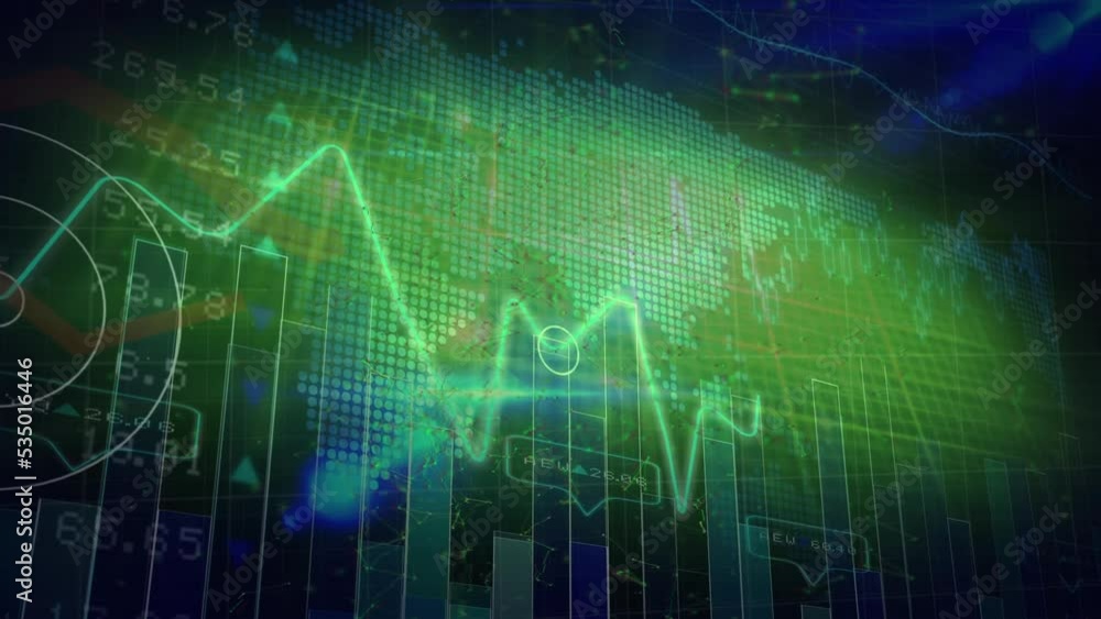 Animation of world map and data processing on green background Animation of world map and data processing on green background
