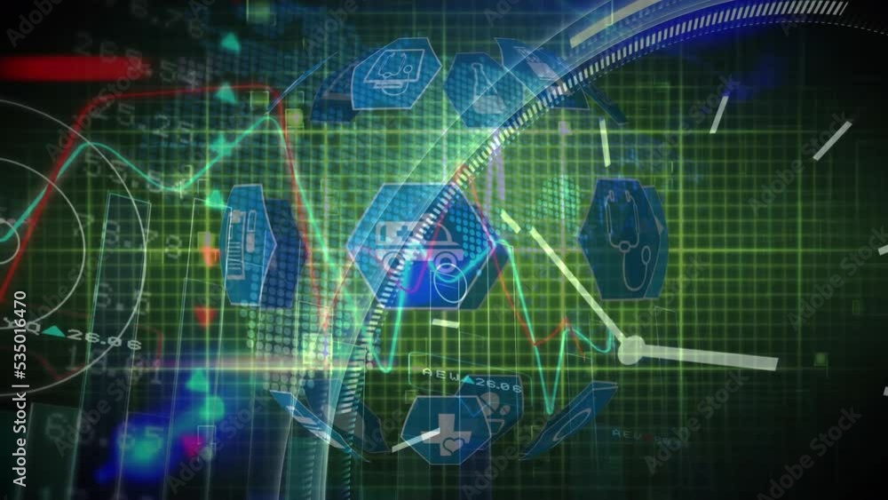 Animation of medical icons over data processing with clock on black background Animation of medical icons over data processing with clock on black background
