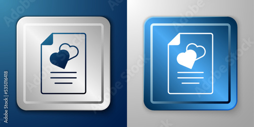 White Marriage contract icon isolated on blue and grey background. Wedding certificate. Silver and blue square button. Vector