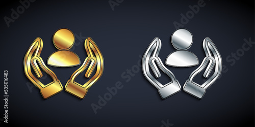 Gold and silver Life insurance icon isolated on black background. Security, safety, protection, protect concept. Long shadow style. Vector