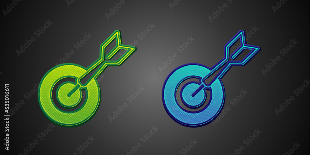 Green and blue Classic dart board and arrow icon isolated on black background. Dartboard sign. Game concept. Vector Green and blue Classic dart board and arrow icon isolated on black background. Dartboard sign. Game concept. Vector