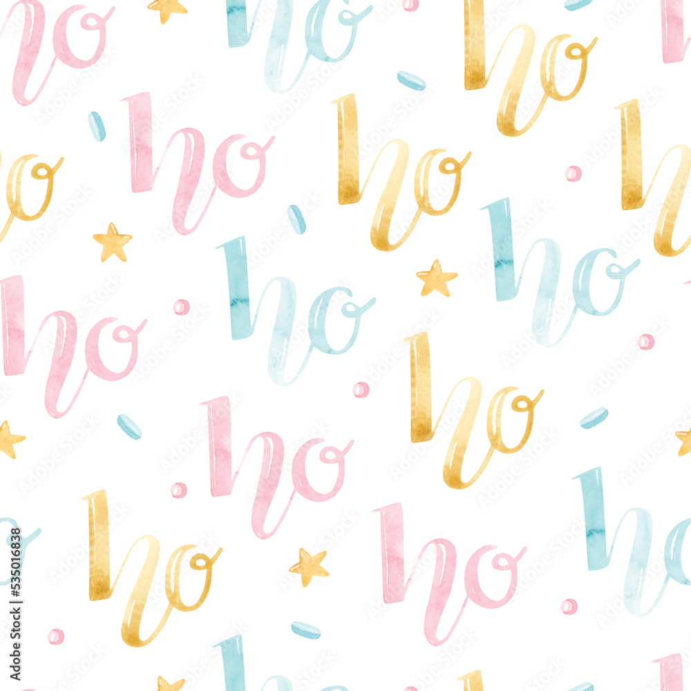 Colorful watercolor lettering, golden stars and dots seamless pattern