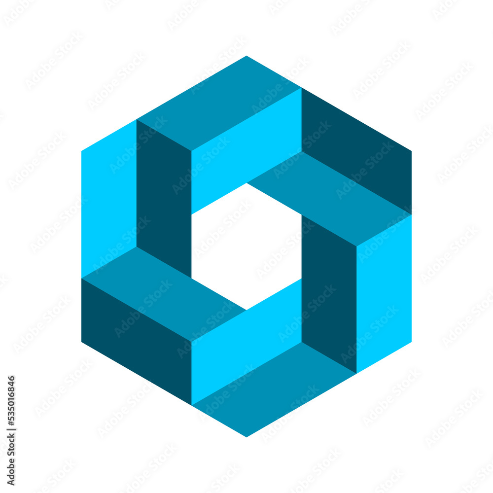 Obraz premium Blue impossible hexagon symbol. Penrose geometric shape. Infinity, endless concept. Esher geometric object made of 3D rectangles. Intertwined isometric design elements. Vector illustration, clip art