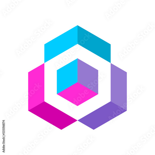 Colorful cube logo template. Isometric block shapes. Hexagonal design element. Blue, purple, pink. Geometric box with three parts. Puzzle game pieces. Solution concept. Vector illustration, clip art.