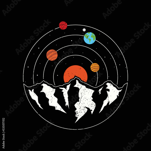 Orbit Planet Space with mountain Adventure  Vintage Illustration for T-shirt, Print and More