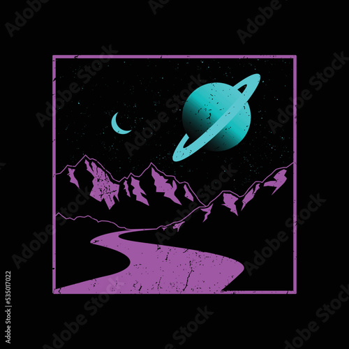 Adventure Mountain with River and Saturn Planet space Illustration For T-shirt, Print, and more