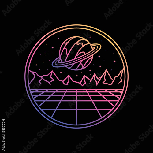 Vintage Retro Illustration Of Mountain Planet Saturn space line art Style for T-shirt, Print and more
