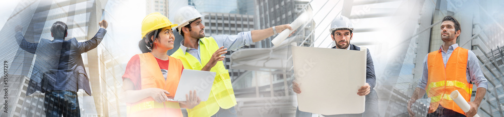 Double exposure of smart diverse engineer team on duty at work site, designed for banner cover. Double exposure of smart diverse engineer team on duty at work site, designed for banner cover.