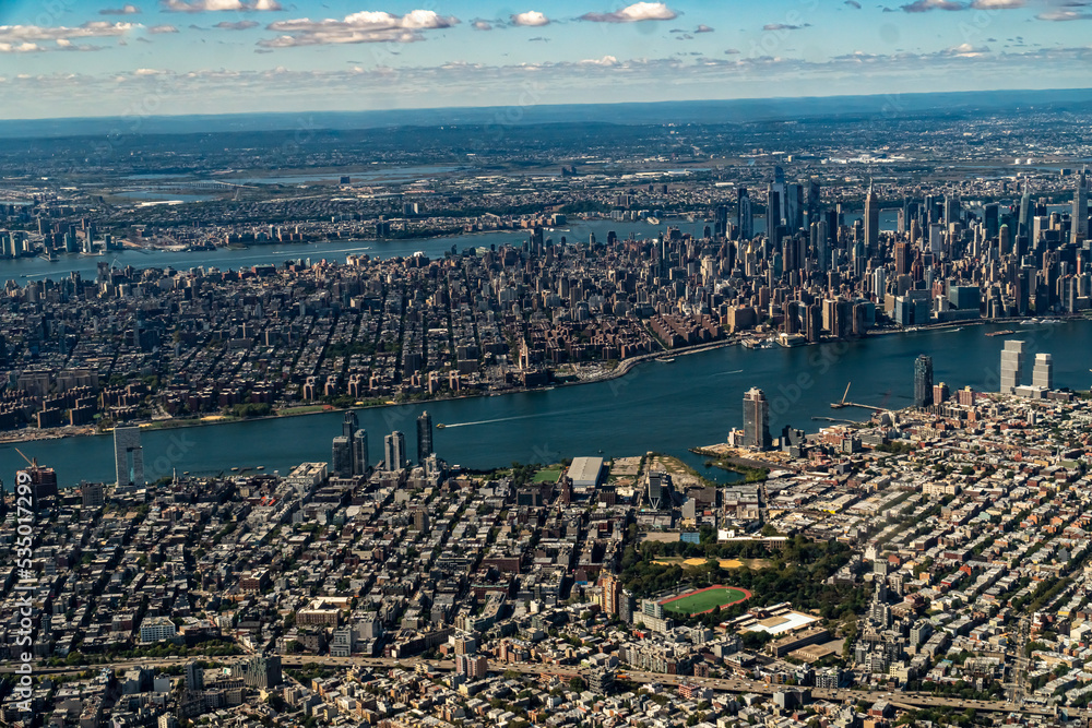 Aerial View of New York City and its Boroughs, Rivers, and Bridges