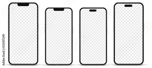 3D realistic high quality smartphone mockup with isolated background. Smart phone mockup collection. Device front view. 3D mobile phone with shadow on white background.