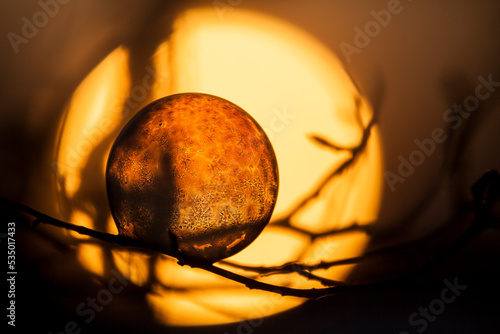 Close-up of frozen bubble against sun on branch during sunset with small crystals