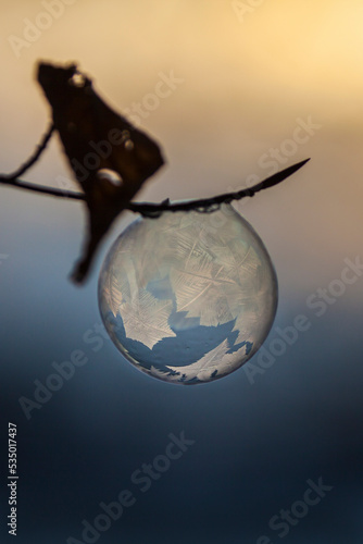 Close-up of frozen bubble against sky hanging from a branch during sunset with small crystals