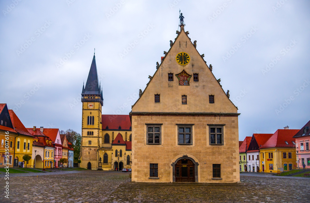 Fototapeta premium Central square of Bardejov Old Town with the Church of St. Aegidiusld, Slovakia. The town Bardejov is UNESCO World Heritage Site