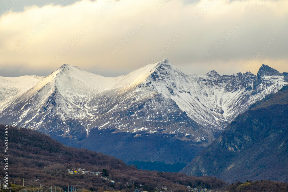Fresh snow over the Martial mountain range. This mountain range surrounds the city of Ushuaia.