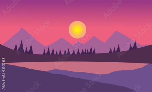 Nature background. Vector illustration. with silhouettes of mountains and Mountain river