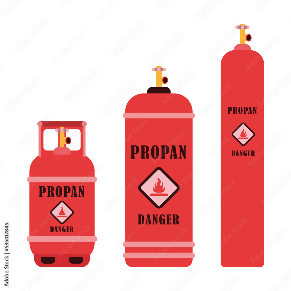 Icons of red propane tanks on a white background with valves. With stickers Flammable, Danger and inscriptions. Gas crisis in the world. Expensive energy resources Vector flat illustration. Icons of red propane tanks on a white background with valves. With stickers Flammable, Danger and inscriptions. Gas crisis in the world. Expensive energy resources Vector flat illustration.