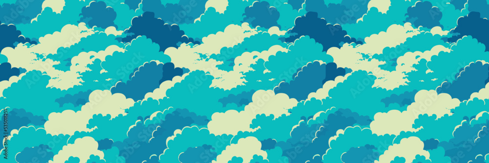 Fototapeta premium Cloud pattern vector illustration. Blue sky background. Abstract cloudy digital wallpaper. Vector graphic design. Minimal cloudscape. Flat decorative banner.